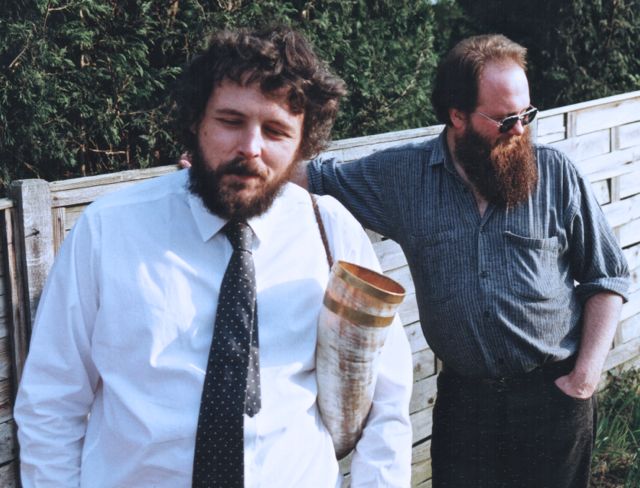 Andy with horn Alice's christening 1991